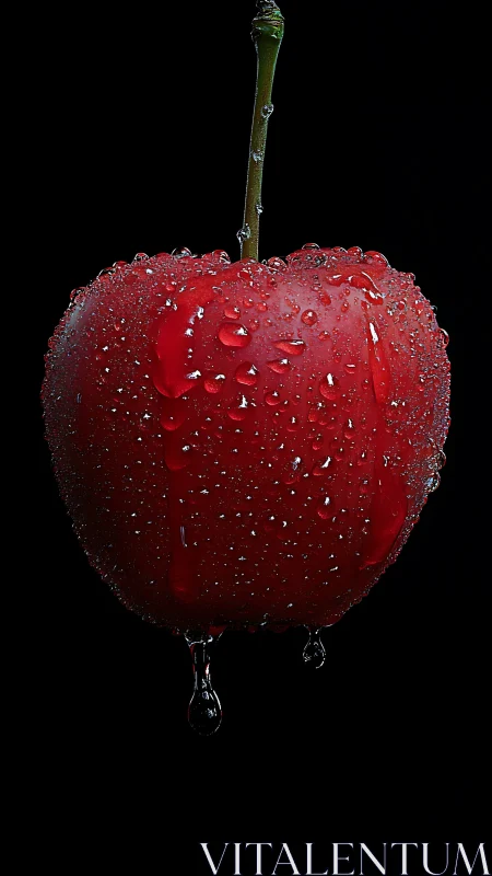 Single red cherry covered in water droplets against black background