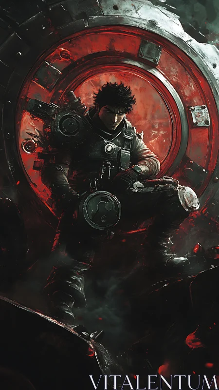 Brooding space marine framed in blood-red hatchway portal.