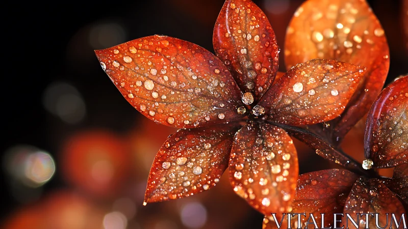 Glistening copper leaves with sparkling raindrops at dusk.