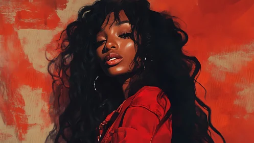 Radiant woman in red glowing against a bold painted backdrop.