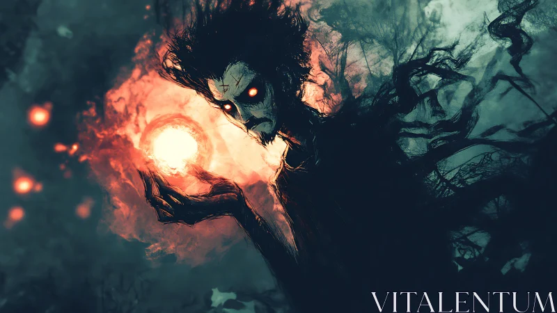 Dark sorcerer holds burning orb in twisted shadow forest.