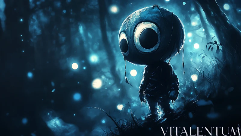 Small alien wanderer glows inside deep bioluminescent forest.