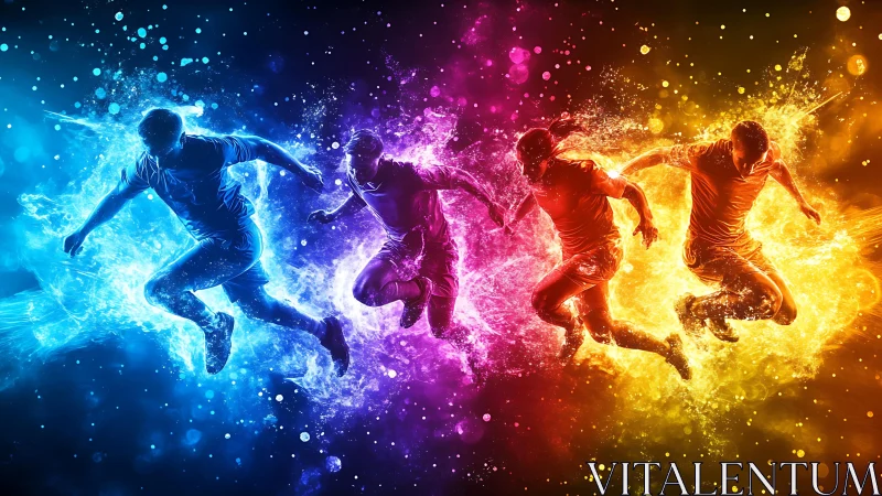 Electric sprint quartet racing through neon color storms.