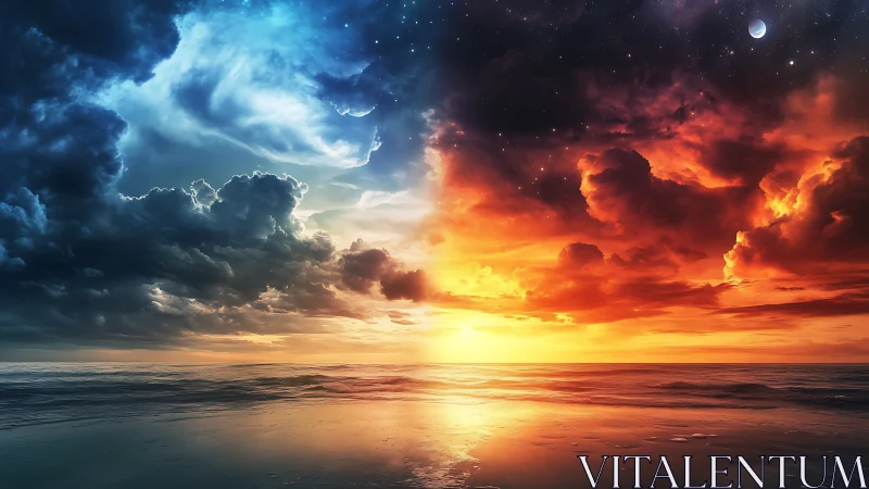 Twin-skied horizon where midnight clouds kiss burning dawn.