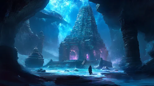 Frozen cavern temple under blue light with lone figure.