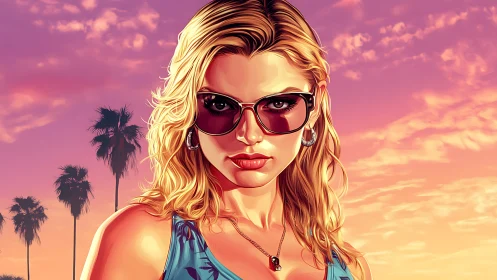 Sunset city cool girl under cotton candy skies.