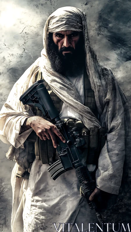 Armed militant in desert robes stands against smoky backdrop.
