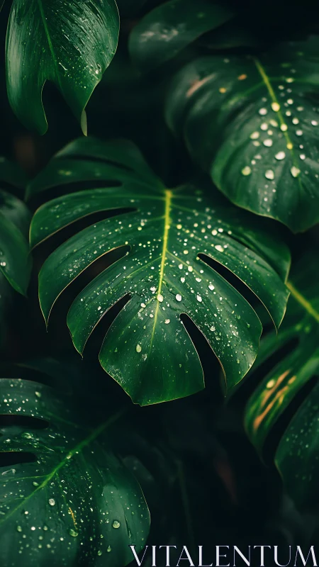 Monstera leaves with raindrops against dark background.
