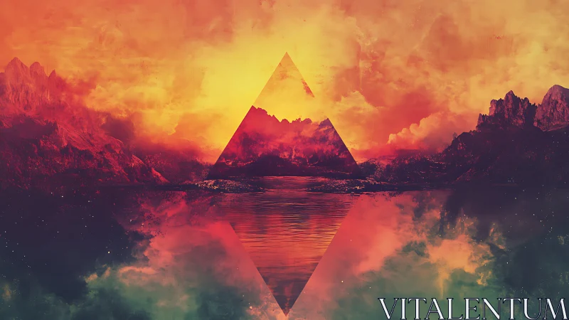 Surreal triangular portal above mirrored alien lake landscape.