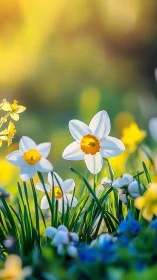 White daffodils with golden centers in spring garden.