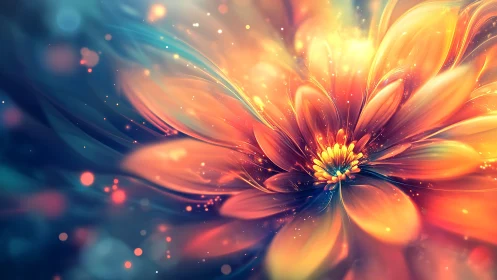 Digital macro flower glows with radiant warm color gradients
