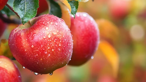 Macro study of dew laden red apples under shallow depth of field.