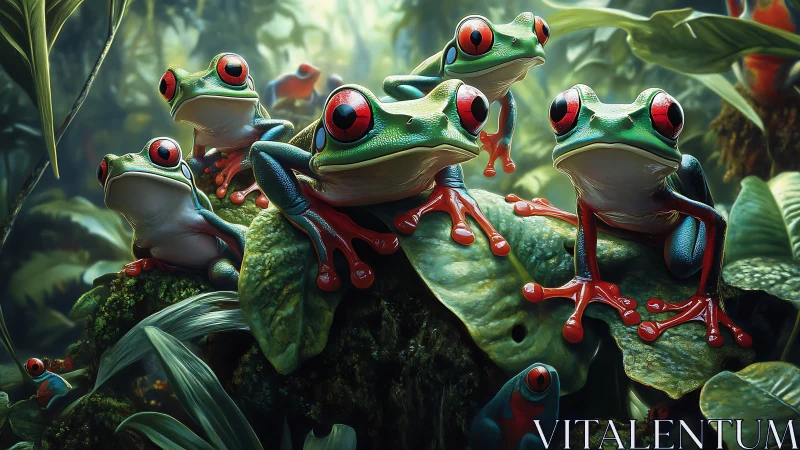 Group of red eyed tree frogs on wet tropical foliage.