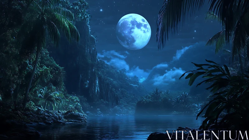 Moonlit Canyon Landscape with Water Reflection