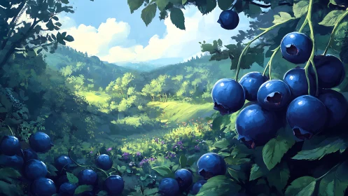 Sunlit blueberry valley basking in lush summer enchantment.