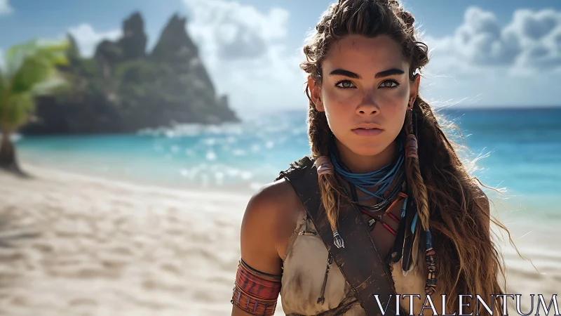 Woman in tribal attire stands on tropical beach shoreline