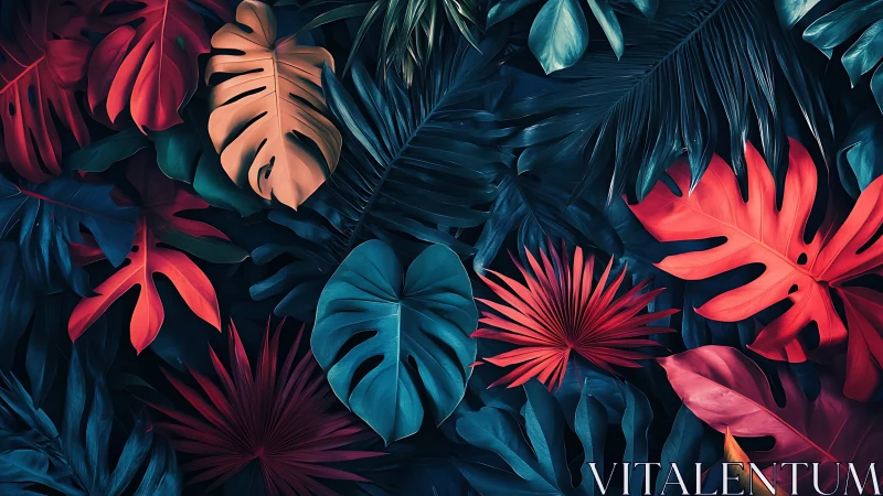 Tropical leaves rendered in high contrast neon color palette
