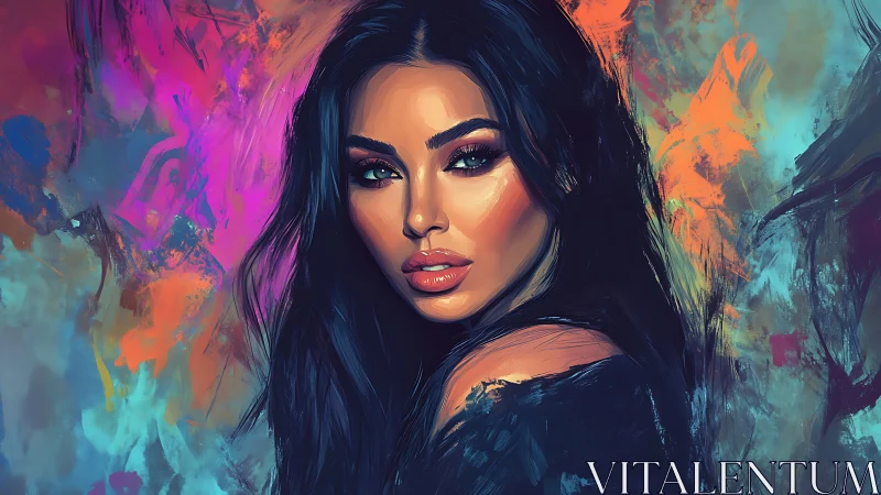 Sultry digital portrait with neon brushwork and vivid bokeh.