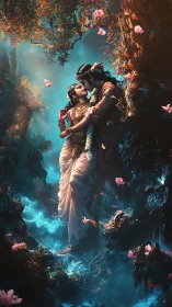 Divine Romance in Ethereal Cavern with Luminous Flora.