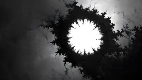 Monochrome fractal vortex encircling radiant central void.