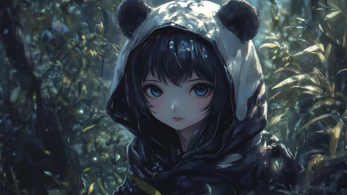 Nocturnal forest portrait isolates panda-hooded girl with specular light