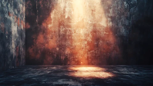 Rustic concrete room pierced by warm dramatic spotlight.