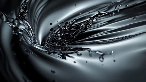 3D metallic liquid vortex splash with dynamic radial flow.