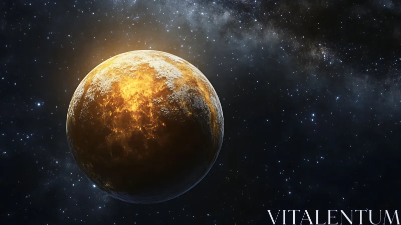 Lava-lit rocky planet or moon floats in dense star field