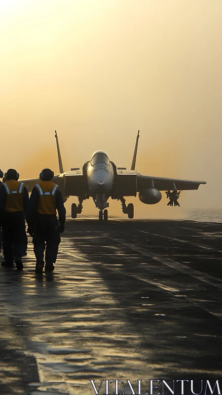 Carrier deck operations show jet taxiing toward crew at dawn