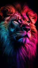 Side-profile lion portrait uses multicolor rim lighting