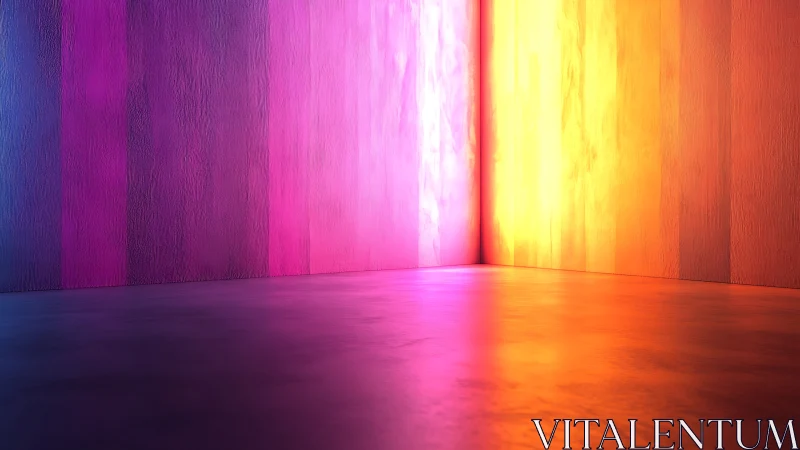 Neon gradient corner room with glowing purple orange walls.