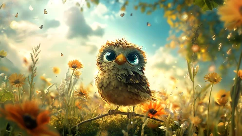 Whimsical baby owl with big eyes in a dreamy sunflower field.