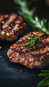 Grilled steak closeup with rosemary garnish on dark surface.