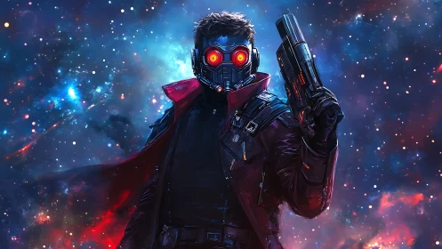 Masked space outlaw with glowing eyes amid nebula storm.