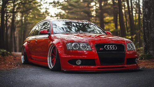 Red tuned Audi wagon prowls a calm forest road at dusk