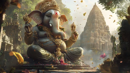 Majestic Ganesha statue dominates sunlit jungle temple courtyard