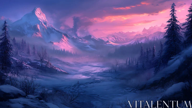Snow-covered mountain valley under pink and violet sky.