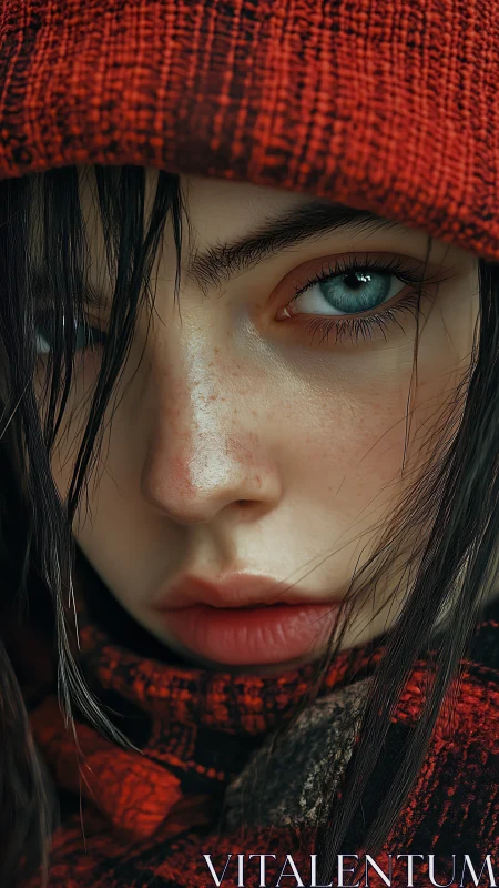 Close portrait shows face in red knit hat and scarf fabric