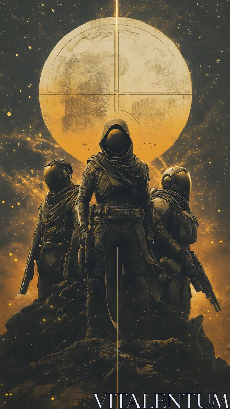 Three armored space guardians stand before glowing planet.