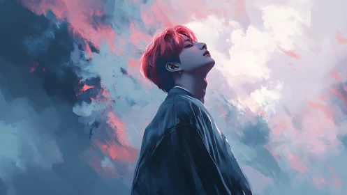 Backlit figure under turbulent cyan and magenta cloudscape