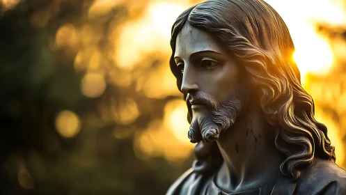 Bronze Christ statue glows against golden sunset light.