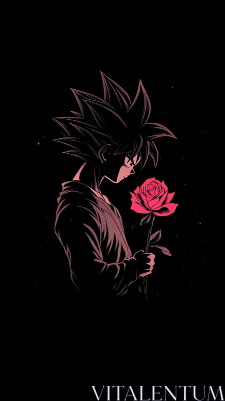 Silhouetted spiky-haired figure holds a single detailed rose