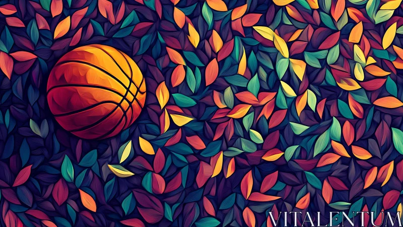 Basketball rests among dense multicolored stylized leaves