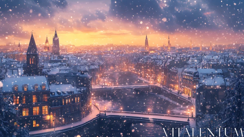 Golden twilight snowfall over romantic European riverside city.
