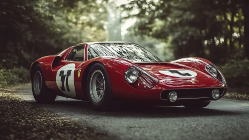 Vintage red race car waits in a tranquil forest roadway