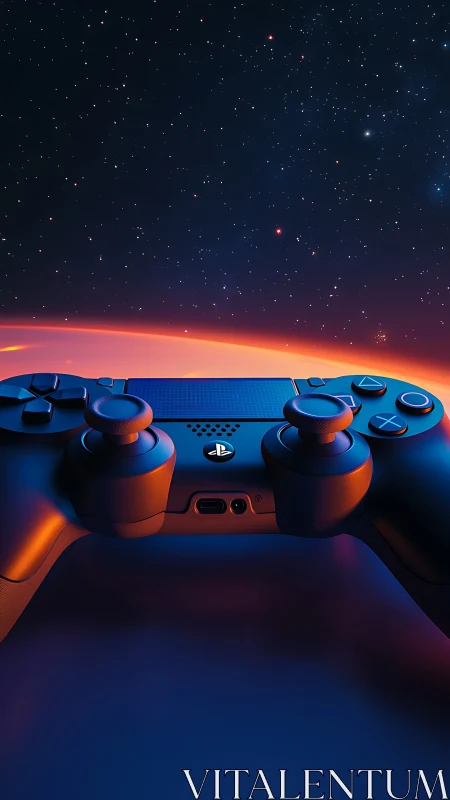 Gaming in the Stars: Blue Controller Against Cosmic Skies.