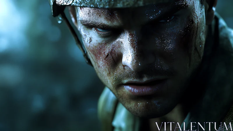 Battle-worn soldier close-up with intense focused stare.