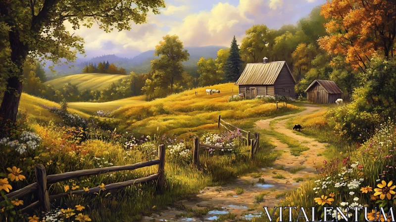 Sunlit country homestead dreaming among wildflower meadows.