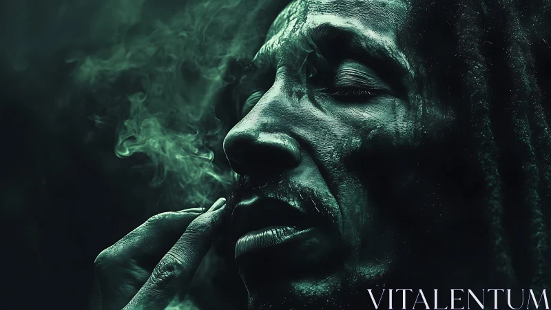 Quiet green-lit portrait of a contemplative man in smoke.