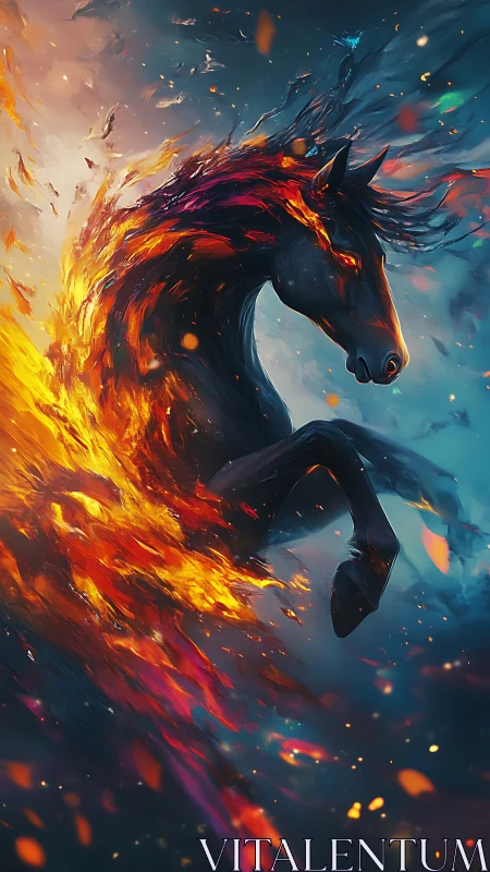 Ember-maned phantom stallion erupts from swirling starlit fire.